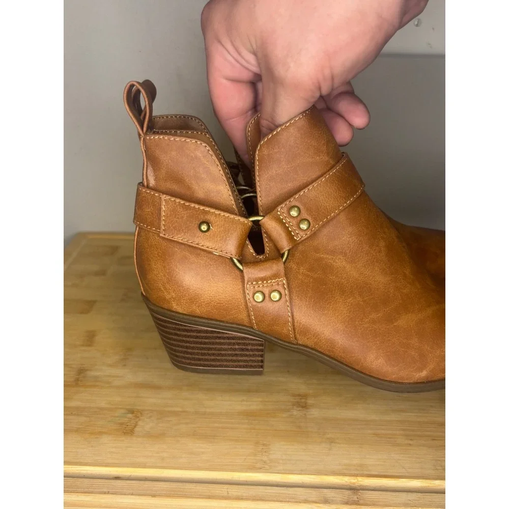 Footwear Unlimited Kya Aztec PU Ankle Boots Light Brown Harness Pointed Toe 8M